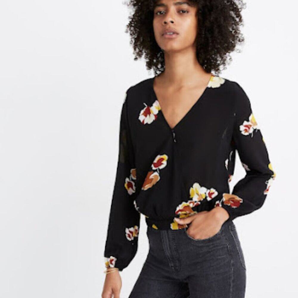 MADEWELL | NWT Moody Floral Black Silk Wrap Blouse Balloon Sleeves Dark Romantic